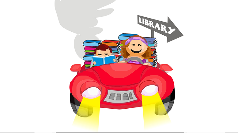 Kids driving to the library with mom