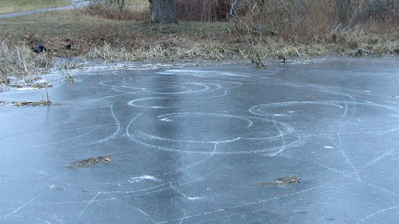 Turner's pond, partially frozen, is unsafe for skating. Photo courtesy Milton Police Department.