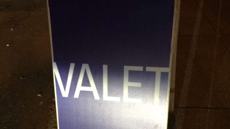 Valet sign at Milton's Novara restaurant, inside. Photo by Diane D'Tullio Agostino