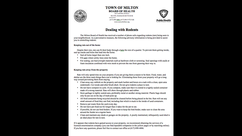 A flyer with information about the city of San Francisco, including tips on dealing with rodents in East Milton.