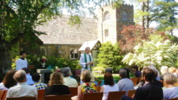 The Rev. Hall Kirkham hosts an outdoor Sunday service in St. Michael’s Garden of Seasons at 112 Randolph Ave. in Milton, MA.