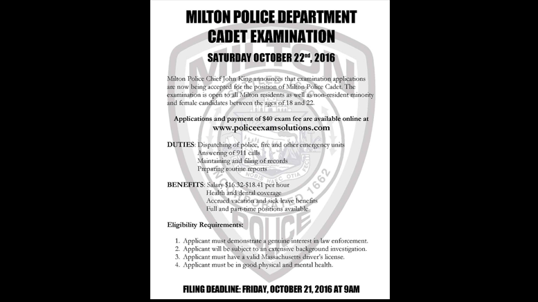 Milton Police Cadet applications now being accepted; deadline Oct. 21