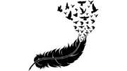 A black feather with birds flying around it.