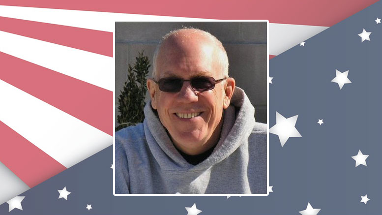 An image of a man with sunglasses in front of an american flag.
