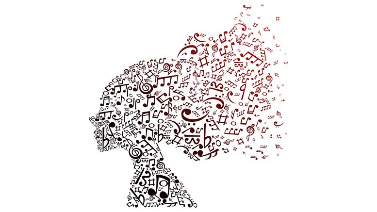 A silhouette of a woman with musical notes in her hair.