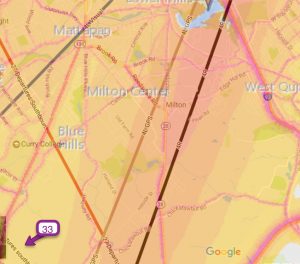 Extracted from the US Department of Transportation's noise map, this image shows the impact of the runways over Milton. Noise levels are shown lightest to darkest, yellow to red/pink.