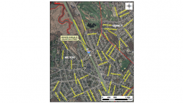 A map showing the location of a road with yellow arrows where an Aug 16 public informational meeting will be held on the Granite Avenue and Squantum Street Intersection.