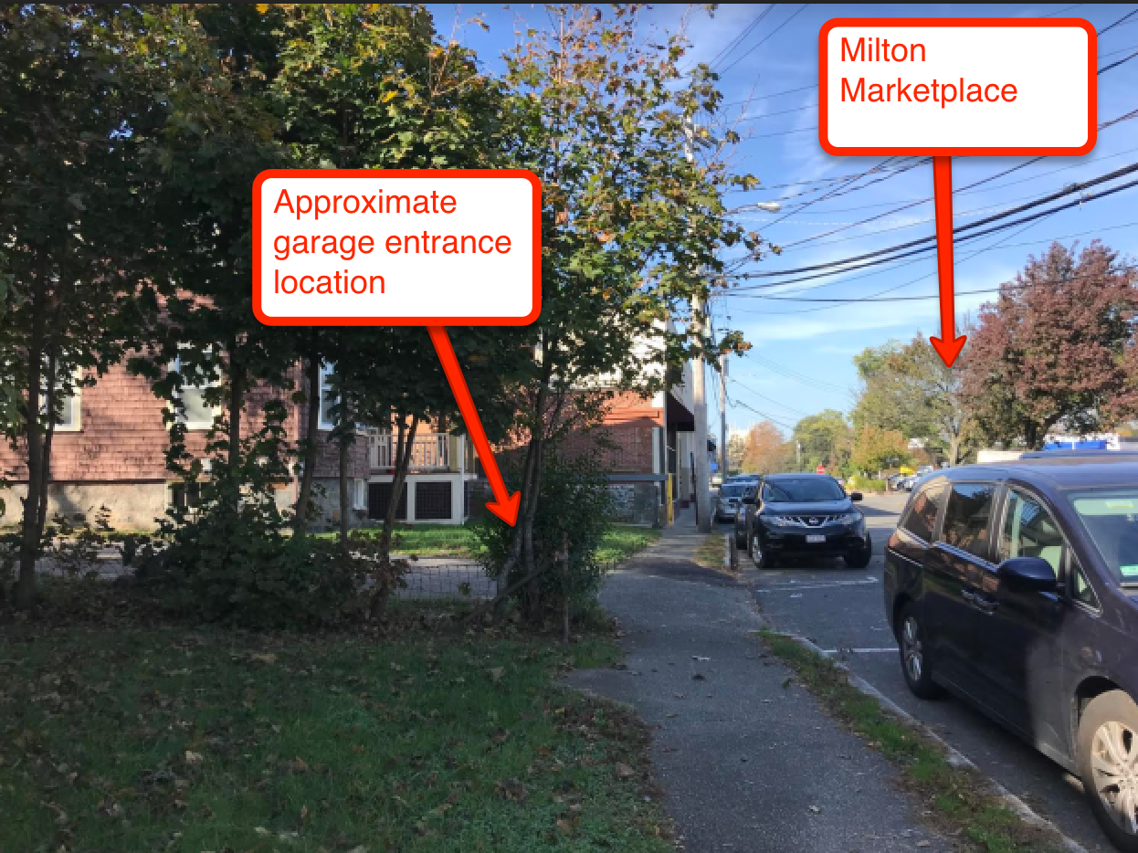 Proposed driveway location for underground parking, East Milton 40B project