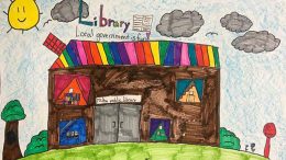 A child's drawing of a library building entered in the Local Government art contest.