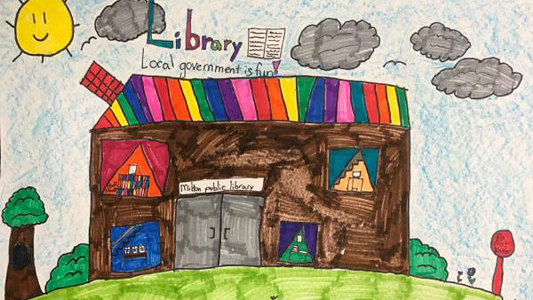 A child's drawing of a library building entered in the Local Government art contest.