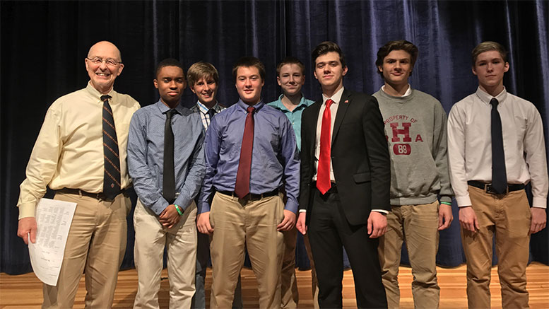 Photo: L to R: Mr. Holmes, Kahlil Cooper of Milton, Giovanni Coraluppi of Newton, Cal Noonan (tied 3rd) of Scituate, Brady Connolly of Hingham, Nick Dias (1st) of Malden, Ryan Carney (tied 3rd) of Scituate, Ben Mulligan (2nd) of Avon.