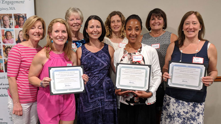 Front row: (left to right) Katie McEvoy of Quincy, Interfaith’s Director of Development, Paula Daniels of Norton, Rosalyn Baker-Greene of Milton, Gail Valles of Hanover. Back row: (left to right) Anita Siwy-Knight of Quincy, Terry Donovan of Weymouth, Gillian Grossman of Hingham, Linda Baumeister of Milton. Credit – Courtesy Interfaith Social Services