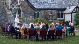 The Rev. Hall Kirkham hosts an outdoor Sunday service in St. Michael’s Garden of Seasons at 112 Randolph Ave. in Milton, MA.