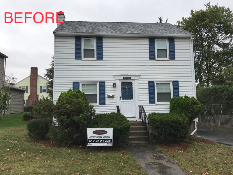 A house with blue shutters before and after has undergone expert James Hardie siding installations offered by Capital Construction.