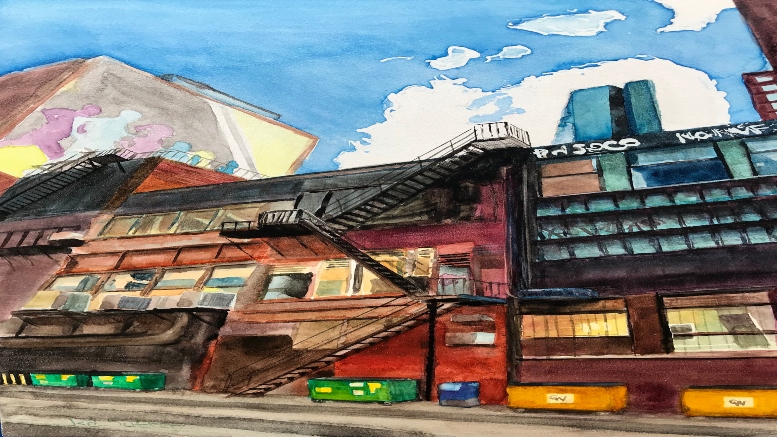 A watercolor painting of a building with stairs, featured at the Wotiz Gallery Exhibit in October.