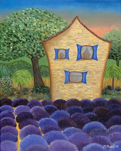 Looking for a merry gift of art this year? Check out this whimsical painting of a house in a field!