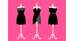 Three black dresses displayed on mannequins.