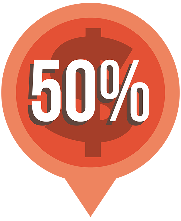 A 50 % off icon with an orange background.