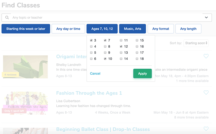 Outschool class search options