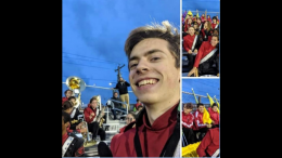 MHS senior Caleb Smith to embark upon 24-hour Ride for Milton Music. Two pictures of a man with a band in front of a crowd.