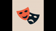 Two theatre masks on a beige background featuring the South Shore Playwright Showcase.