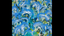 Mid-June/July Virtual Art Exhibit at the Milton Public Library featuring an abstract painting with blue and white swirls.