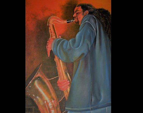 Milton Public Library continues Virtual Art Exhibit of the work of Garcia Thompson featuring a painting of a man playing a saxophone in September.