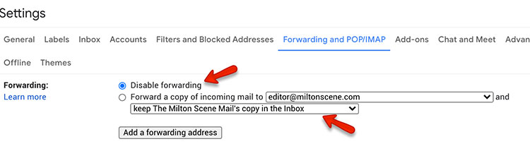gmail filtering settings forward address