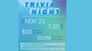Join Temple Beth David for zoom trivia fun! Hang this eye-catching poster on a blue background.