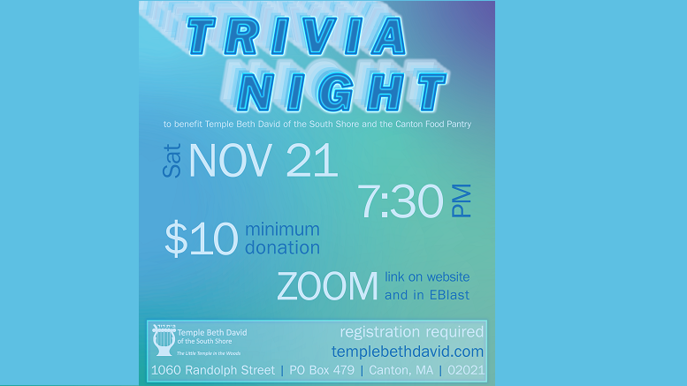 Join Temple Beth David for zoom trivia fun! Hang this eye-catching poster on a blue background.