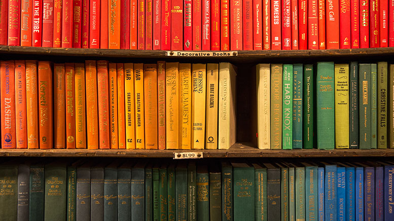 gorgeous books on shelf in order with color