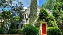 gray house with red door