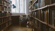 woman in library reading book