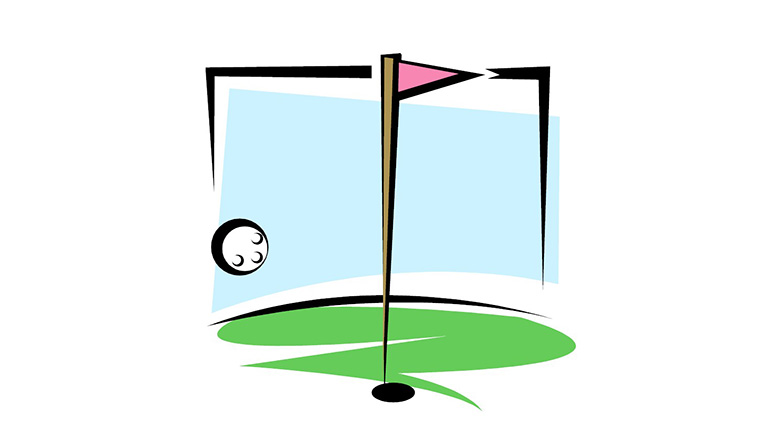 A golf ball with a hole in it, featured in a cartoon illustration.