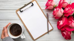 flowers, notepad, coffee