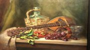 A painting of a mandolin and grapes on a table to be featured at the Wotiz Gallery Exhibit in March 2022.