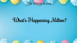 A blue background with colorful Easter eggs and the words "what's happening Milton?