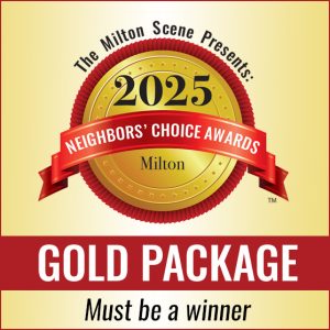 A gold medal with a red ribbon reads "2025 Milton Neighbors' Choice Awards," with text below stating "Milton Neighbors Choice Awards Basic Package.