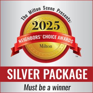 A gold medal with a red ribbon reads "2025 Milton Neighbors Choice Awards" above text stating "Basic Package Must be a winner.
