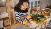 Woman on phone at business