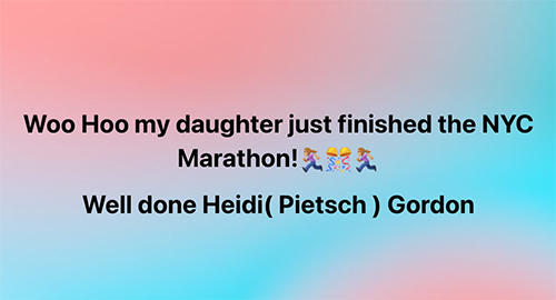 Woo Hoo my daughter just finished the NYC Marathon!🏃🏼‍♀️🎊🏃🏼‍♀️ Well done Heidi( Pietsch ) Gordon