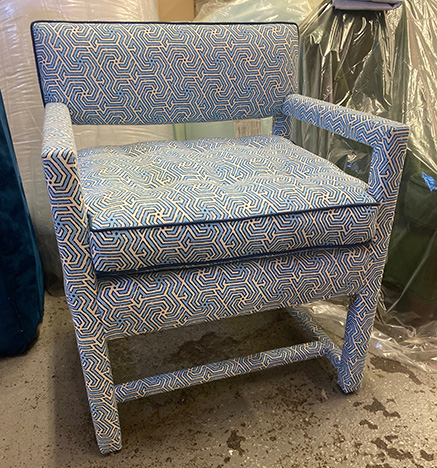 blue and white greek print chair by upholstery by michael