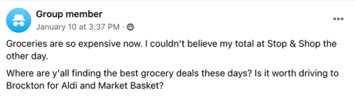 Groceries are so expensive now. I couldn't believe my total at Stop & Shop the other day. Where are y'all finding the best grocery deals these days? Is it worth driving to Brockton for Aldi and Market Basket?