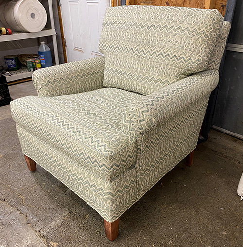 green and beige print chair by upholstery by michael