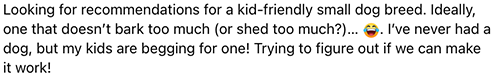 "Looking for recommendations for a kid-friendly small dog breed. Ideally, one that doesn’t bark too much (or shed too much?). I’ve never had a dog, but my kids are begging for one! Trying to figure out if we can make it work!"