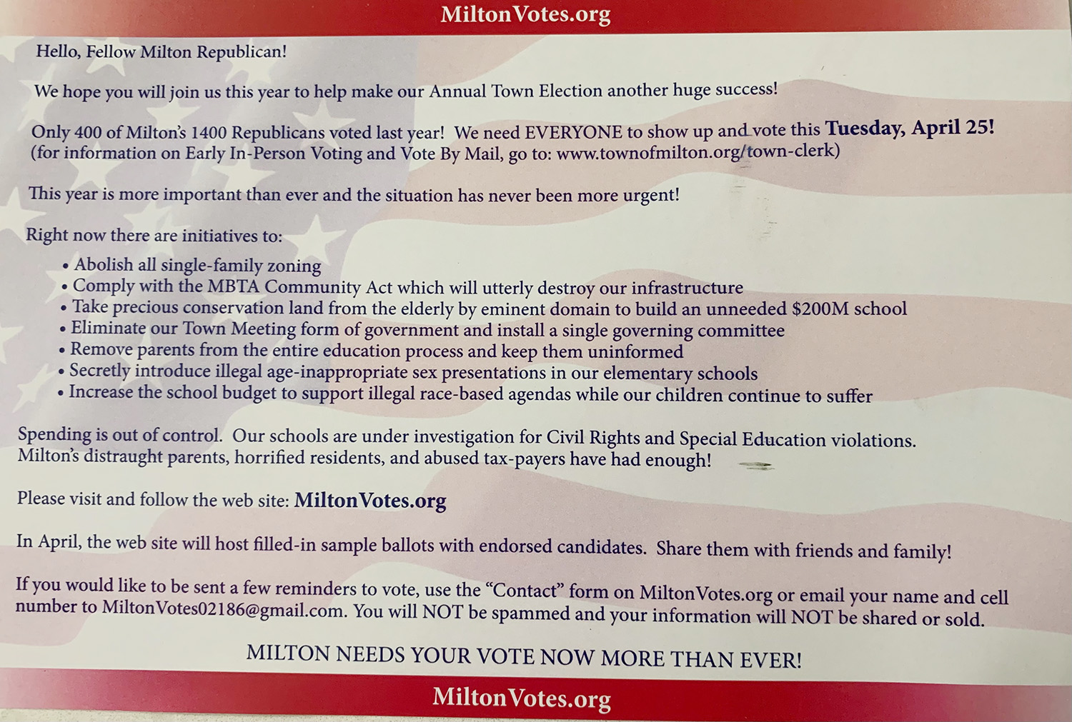 flyer sent out by miltonvotes