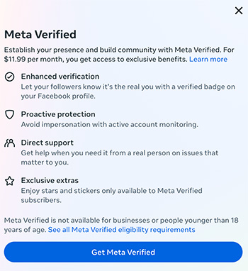 screenshot from Facebook about meta verified account