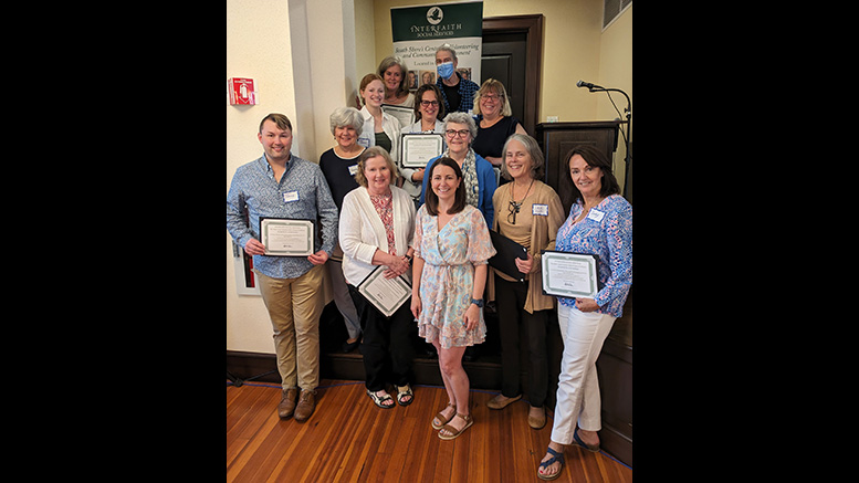 Interfaith Social Services recently inducted 21 volunteers into their Matti Lang Hall of Fame. These volunteers have given their time regularly for at least one year. (Front row, left to right) James Madej of New Bedford, Mary Jane Callahan of Quincy, Interfaith Social Services Director of Development Paula Daniels, Deni Howley of Hull, and Judy Morris of Quincy; (second row) Loretta Barron of Quincy and Ruth Davis of Quincy; (third row) Sarah Alberione of Quincy, Amy Zydanowicz of Quincy, and Cindy Brandi of Quincy; (fourth row) Julie Sorgi of Quincy and Mimi Powers of Quincy. Photo courtesy Interfaith Social Services