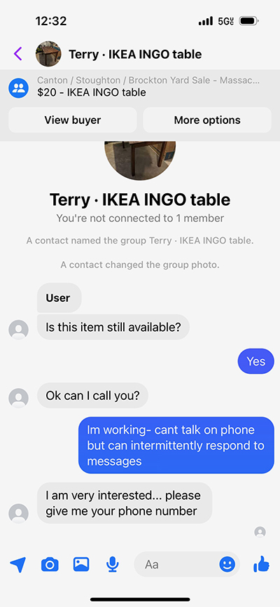 Facebook marketplace scam - message screenshot where interested party asks for phone number