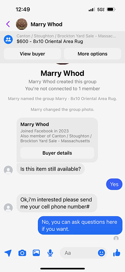 Facebook marketplace scam - message screenshot where interested party asks for phone number